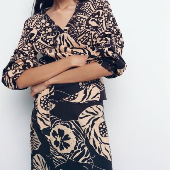 ZARA Printed Linen Blend Wrap Top & Maxi Skirt Ruffles Brown & Cream Size XS - Picture 2 of 11